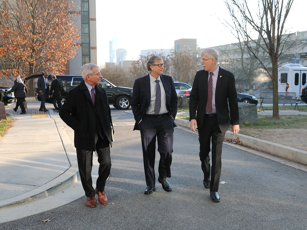 Dr. Anthony Fauci, Bill Gates, and Dr. Francis Collins (NIH Director) at a National Institute of Health 'Workshop' on December 11, 2018 in Bethesda, Maryland. Dr. Fauci, Bill Gates, Dr. Collins